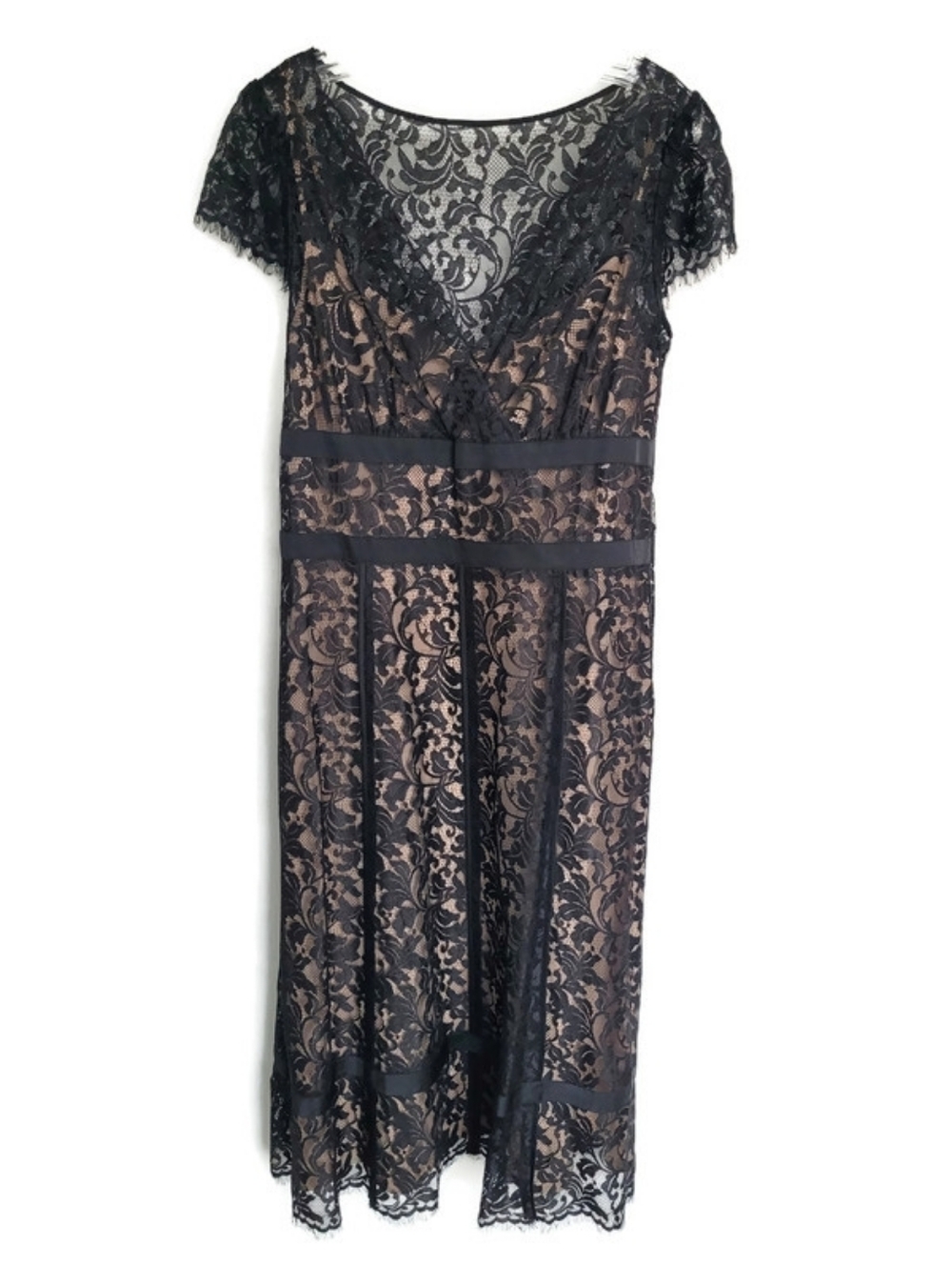 LOFT Black Lace Midi Dress with Nude Slip